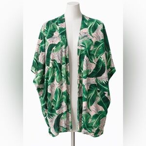 Tropical Leaf Print Open Front Kimono Cardigan 🌱